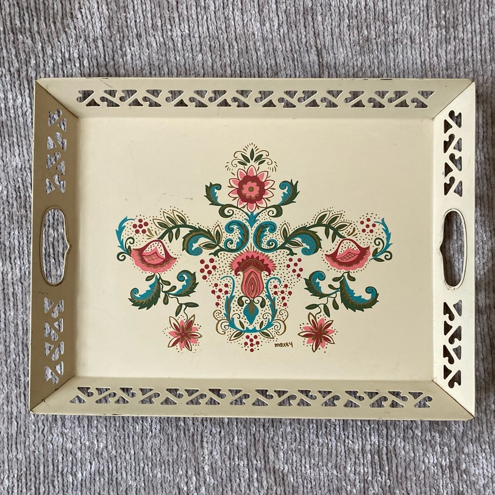 Vintage Hand Painted Floral Tole Tray Ivory MCM 1950s Retro Mid Century